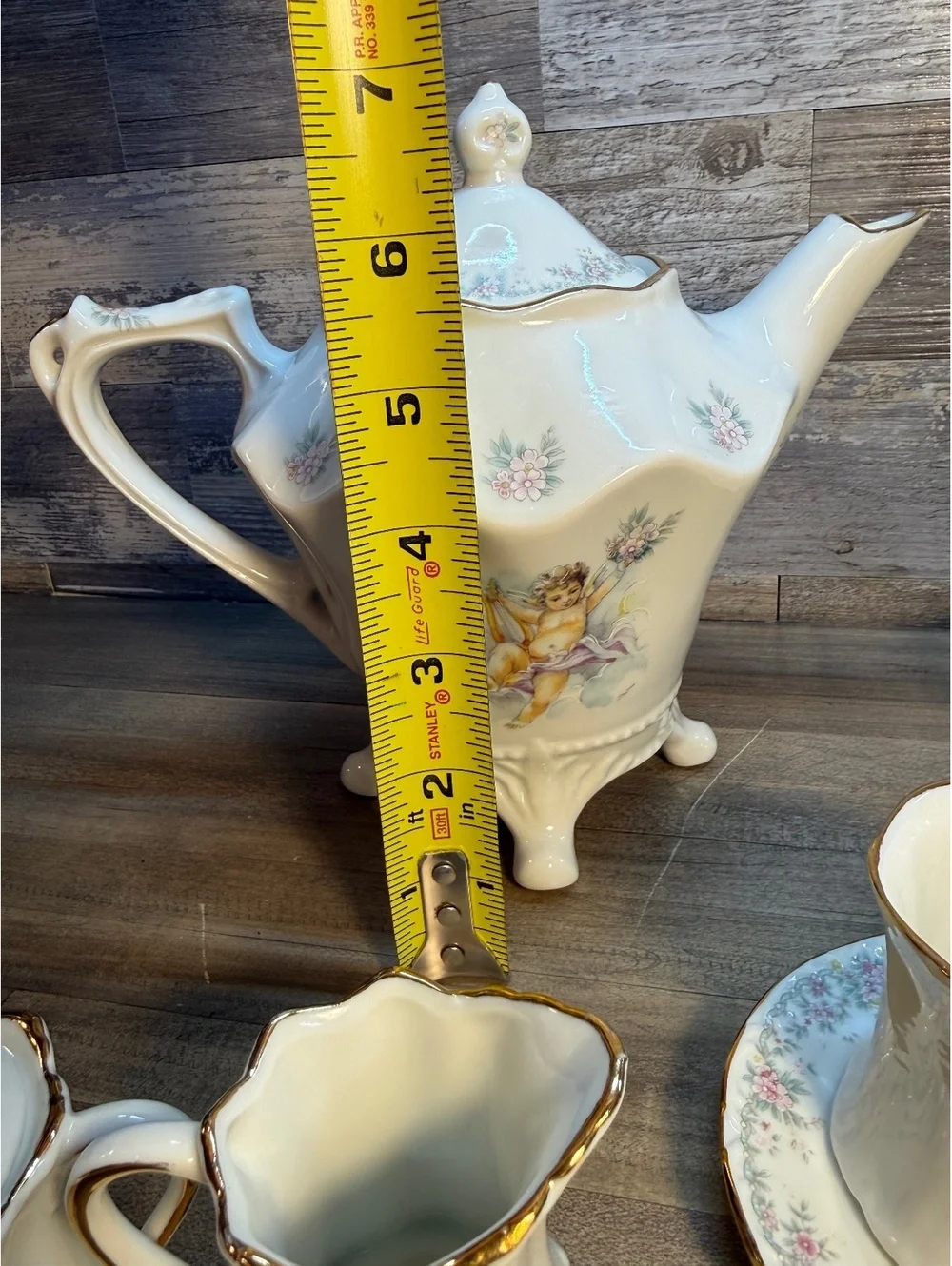 Touch of Cajun Cherub Floral Tea Set 6 Cups Saucers Teapot Sugar Bowl Creamer